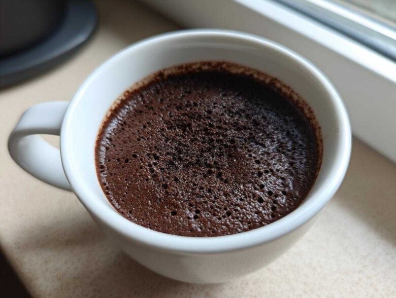 Close-up of rich, dark Vegan Chocolate Chia Pudding with a slight bubbly texture in a white mug.