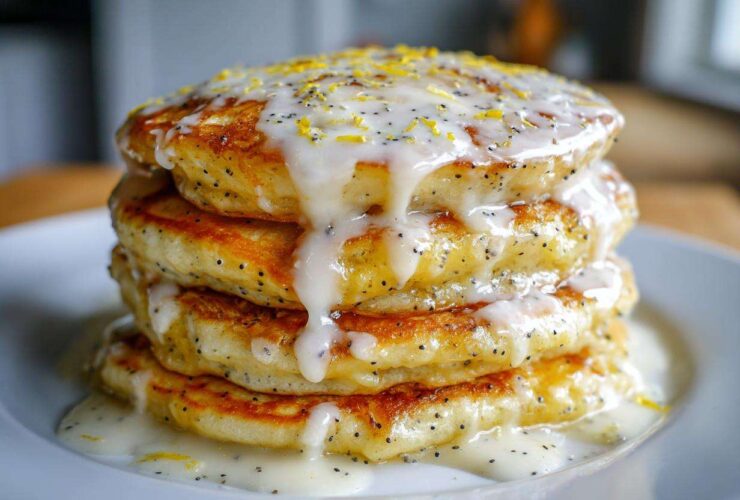 A tall stack of fluffy Vegan Lemon Poppy Seed Pancakes drizzled with thick white glaze and lemon zest.