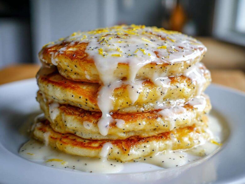 A tall stack of fluffy Vegan Lemon Poppy Seed Pancakes drizzled with thick white glaze and lemon zest.