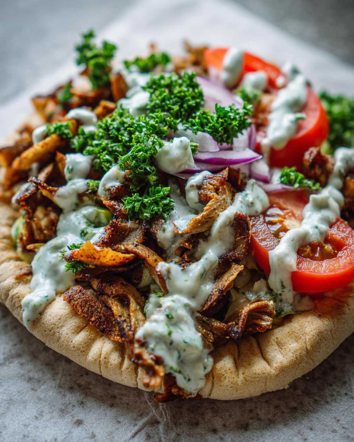 A close-up of Vegan Mushroom Shawarma served open-faced on pita bread, topped with creamy sauce, red onion, and parsley.