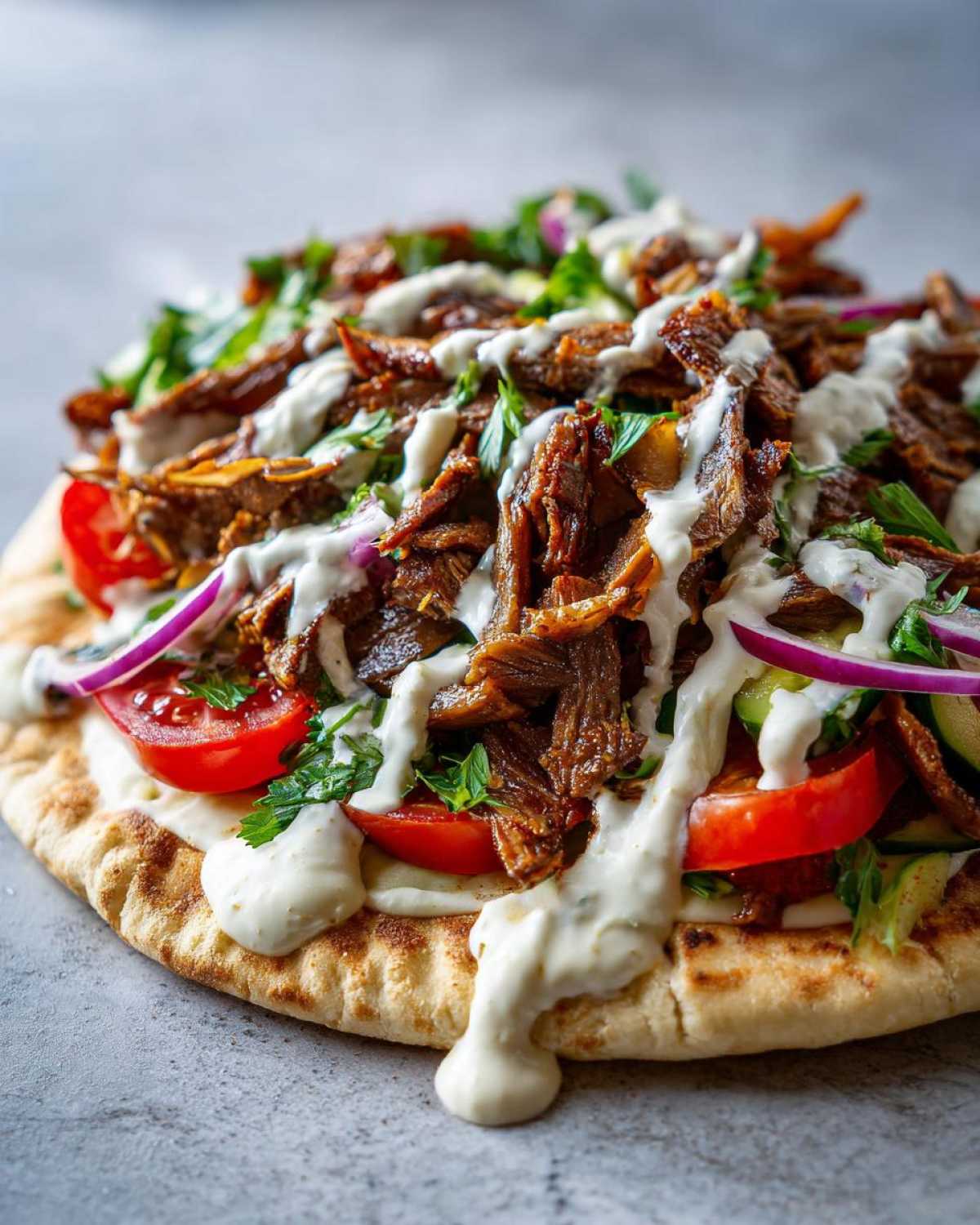 A delicious Vegan Mushroom Shawarma piled high with seasoned mushrooms, tomatoes, red onion, and white sauce on a piece of pita bread.