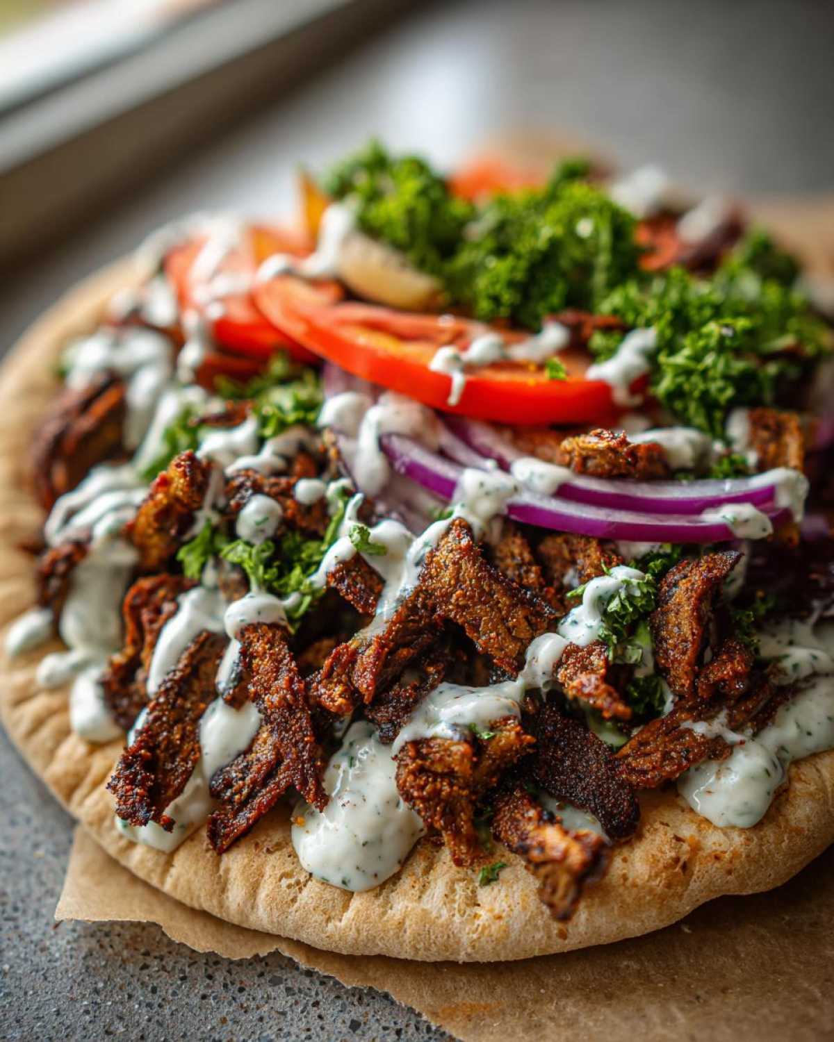 Close-up of Vegan Mushroom Shawarma served open-faced on pita bread with sauce, tomatoes, and onions.