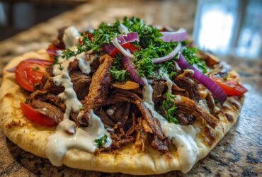 Close-up of Vegan Mushroom Shawarma served open-faced on pita bread with white sauce, tomatoes, and red onion.