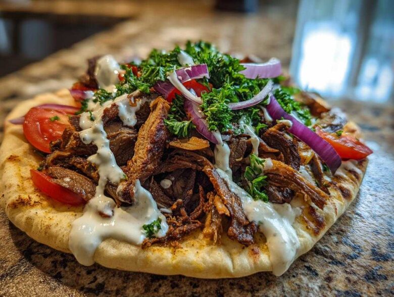 Close-up of Vegan Mushroom Shawarma served open-faced on pita bread with white sauce, tomatoes, and red onion.