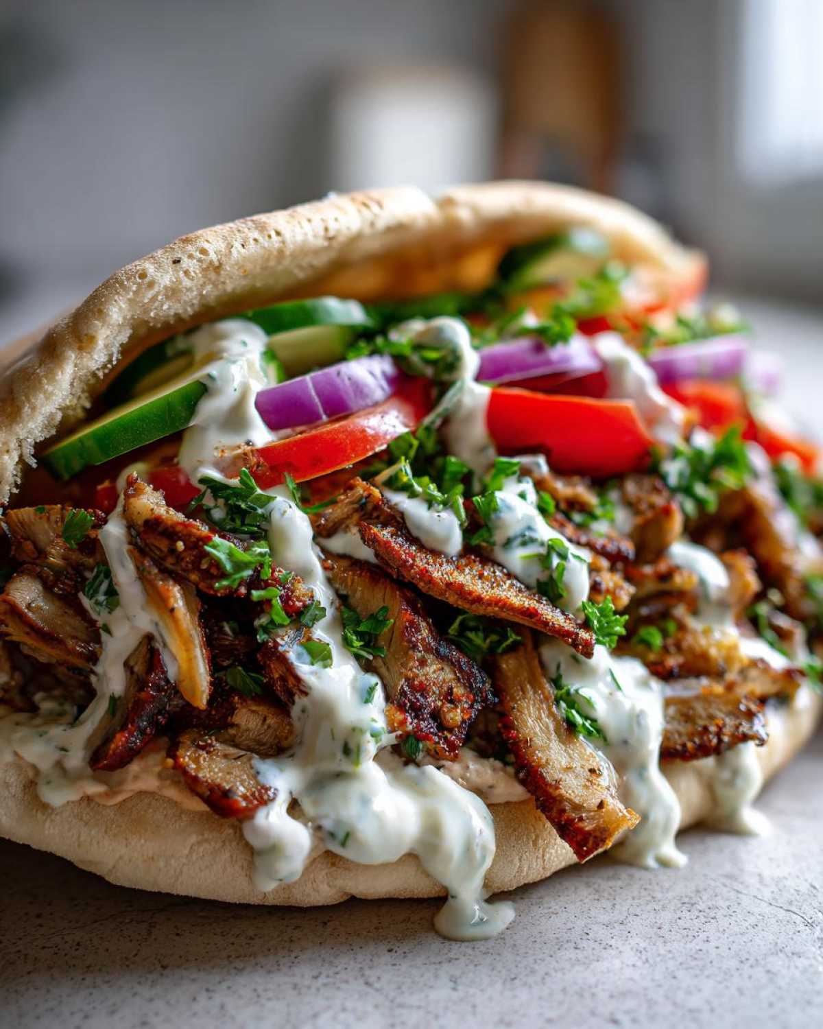 Close-up of a generously filled Vegan Mushroom Shawarma sandwich overflowing with seasoned mushrooms, vegetables, and white sauce.