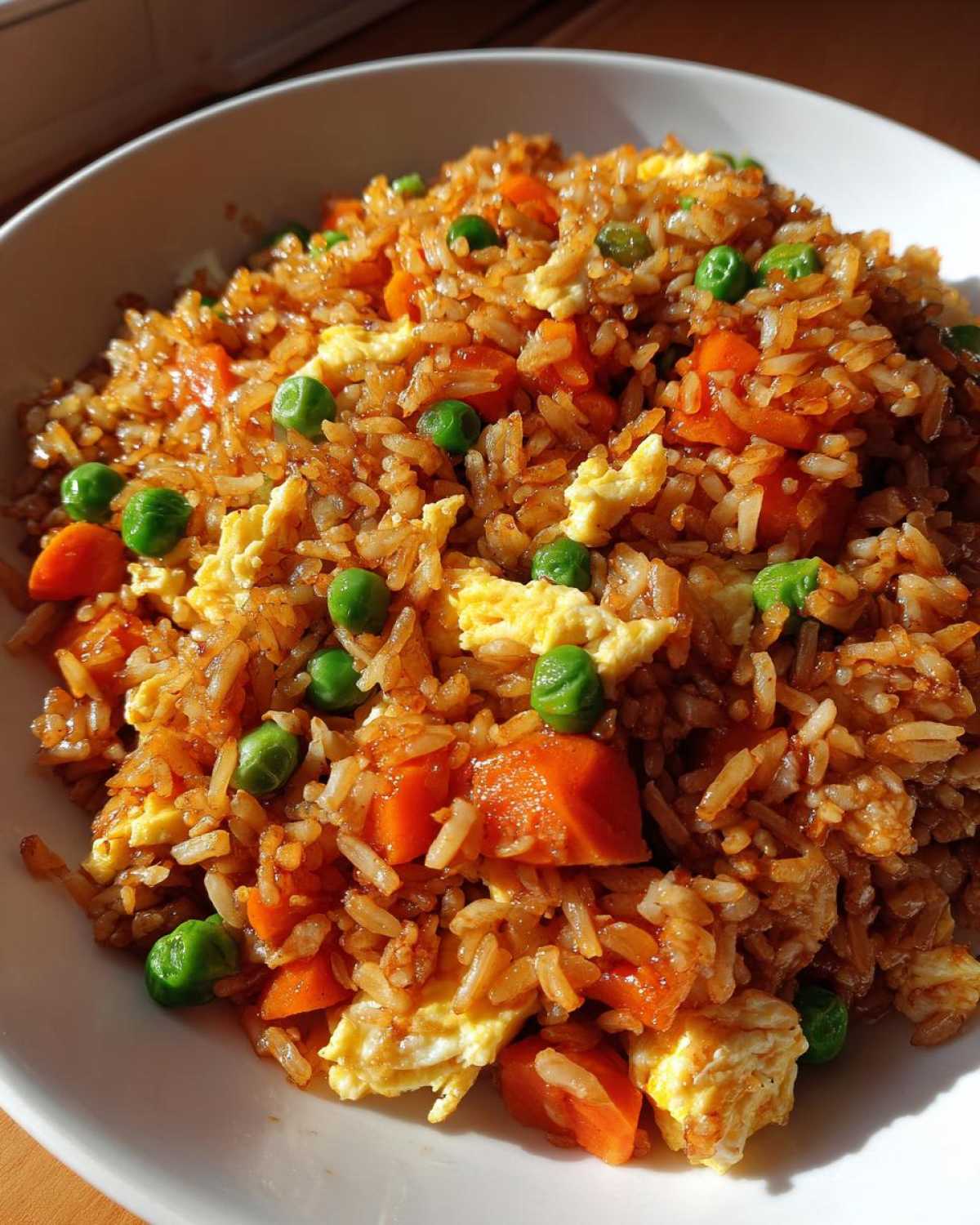 A close-up, brightly lit bowl of Vegetable Fried Rice with scrambled egg pieces, bright green peas, and diced carrots.