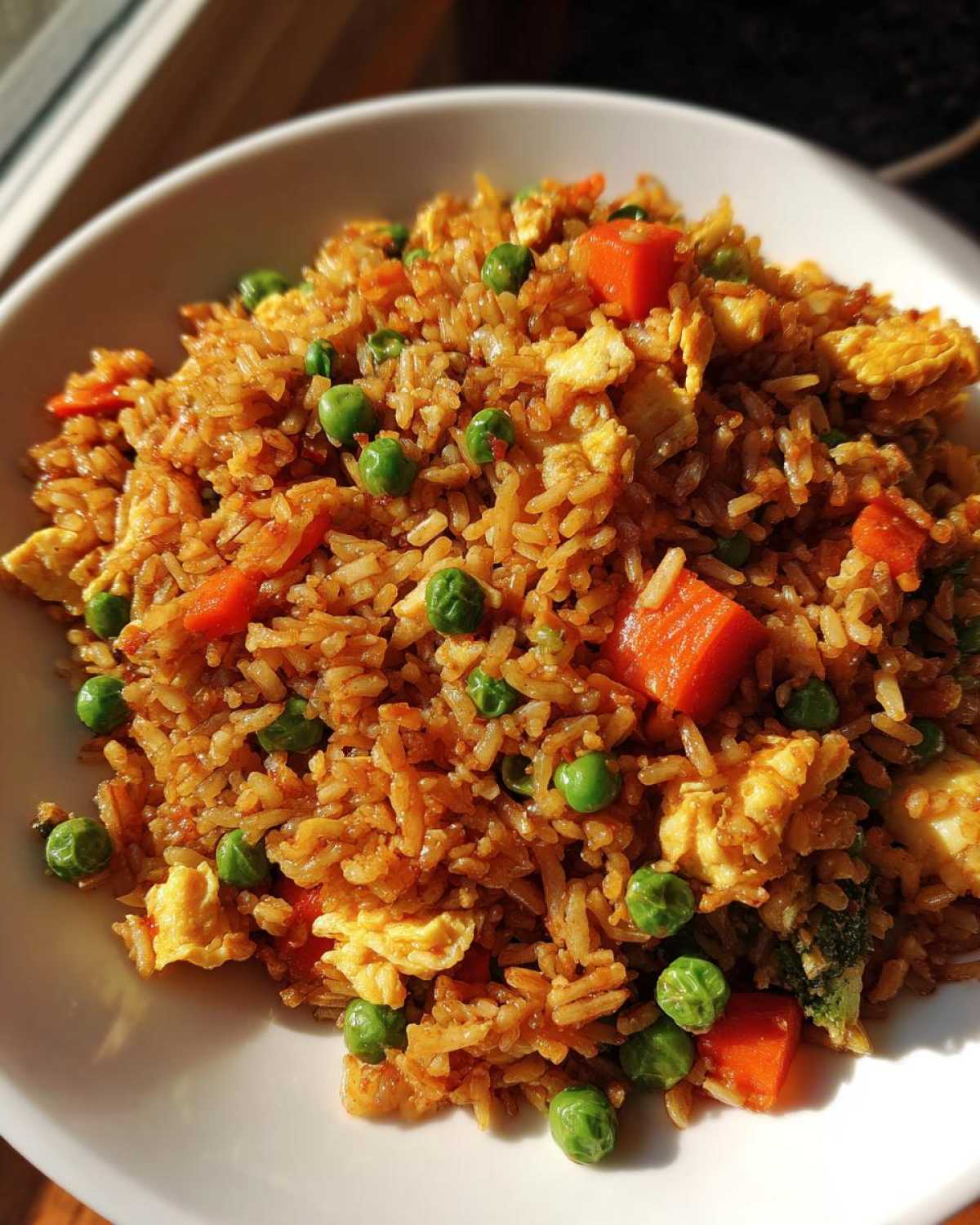 Close-up of a bowl of savory Vegetable Fried Rice with bright green peas and diced carrots.