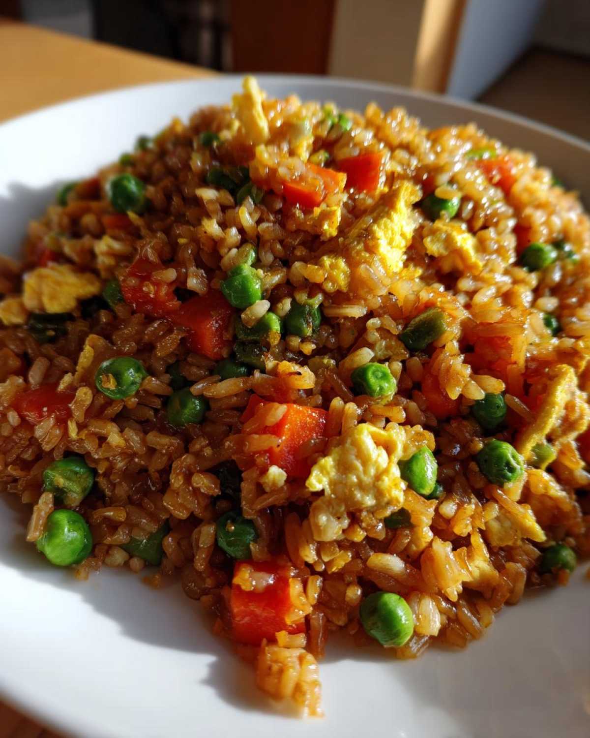 A close-up, sunlit serving of Vegetable Fried Rice with bright green peas, diced carrots, and scrambled egg pieces.