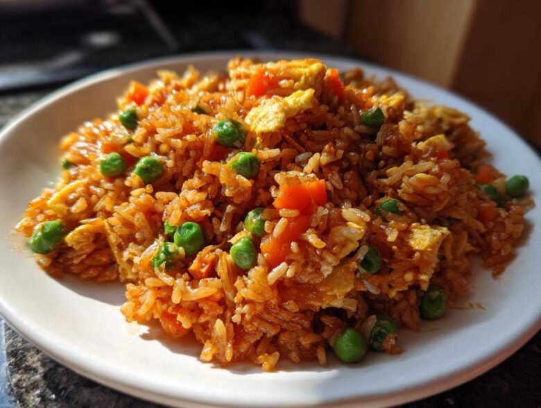 A close-up, sunlit serving of Vegetable Fried Rice with Sesame Ginger Sauce, featuring rice, peas, carrots, and scrambled egg.