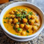Close-up of a white bowl filled with rich, yellow Vegetarian Chickpea Curry with Coconut Milk, garnished with fresh cilantro.
