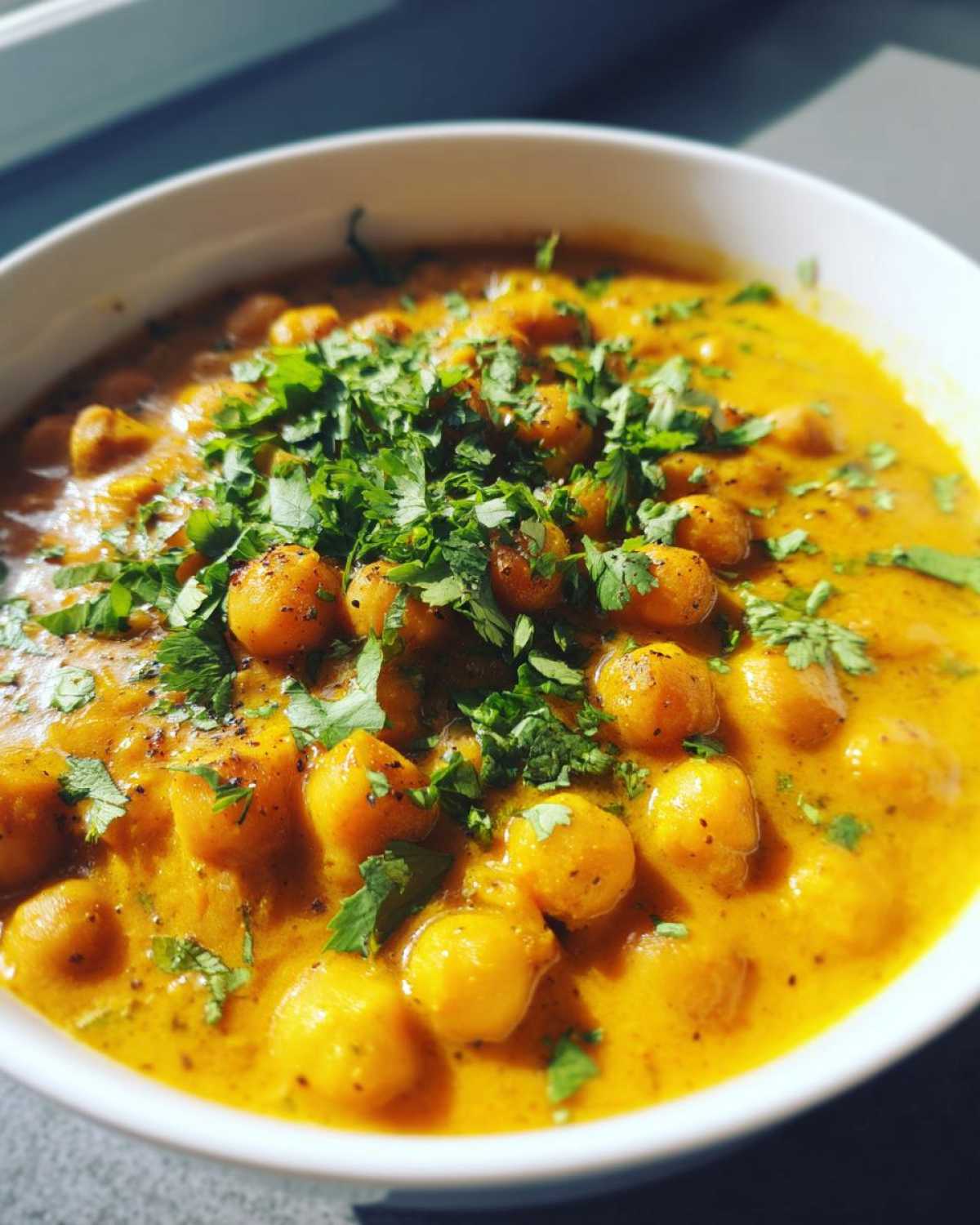 A close-up view of a bowl filled with rich, yellow Vegetarian Chickpea Curry with Coconut Milk, topped generously with fresh cilantro.