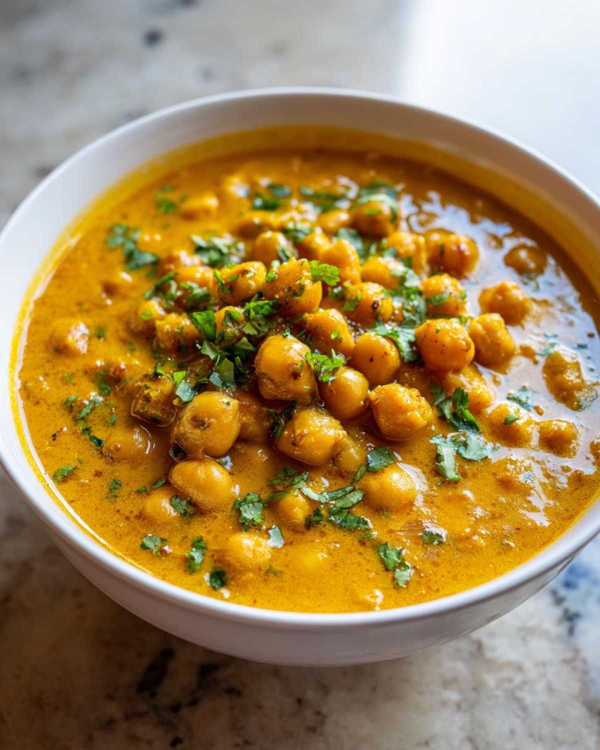 A close-up of a white bowl filled with rich, yellow Vegetarian Chickpea Curry with Coconut Milk, garnished with fresh cilantro.