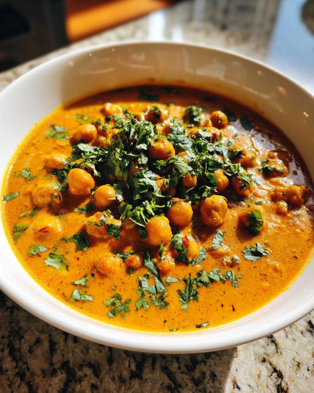 A close-up of a bowl filled with rich, orange Vegetarian Chickpea Curry with Coconut Milk, topped generously with fresh cilantro.