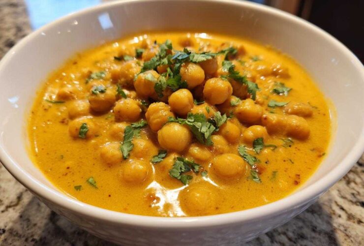 A close-up of a white bowl filled with rich, yellow Vegetarian Chickpea Curry with Coconut Milk, topped with fresh cilantro.