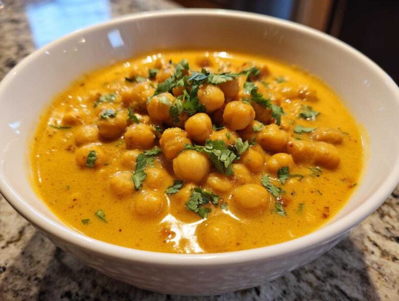 A close-up of a white bowl filled with rich, yellow Vegetarian Chickpea Curry with Coconut Milk, topped with fresh cilantro.