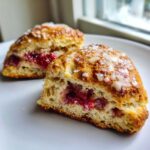 Close-up of a flaky White Chocolate Raspberry Scone cut in half, showing raspberry filling and coarse sugar topping.