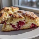 Close-up of a flaky White Chocolate Raspberry Scone, studded with bright red raspberries and coarse sugar.