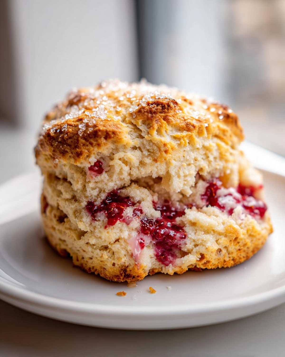 Close-up of a flaky White Chocolate Raspberry Scones, split open to show raspberry filling and topped with coarse sugar.
