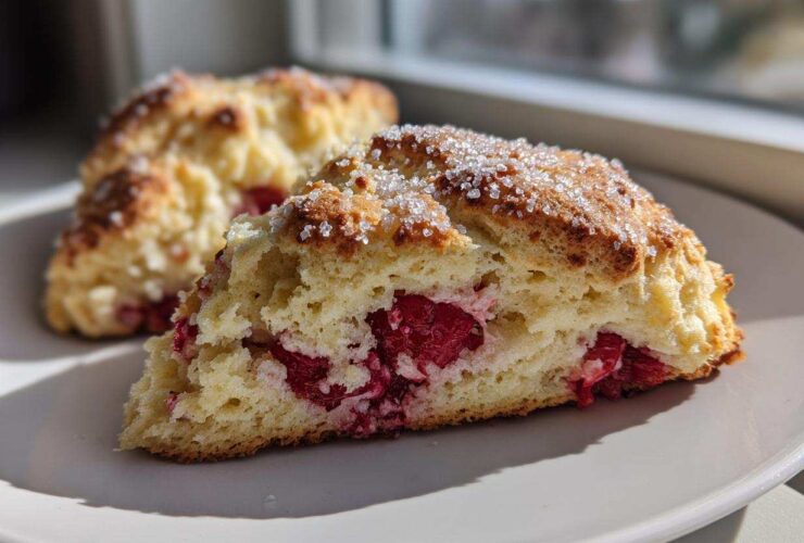 Close-up of a flaky White Chocolate Raspberry Scone, studded with bright red raspberries and coarse sugar.