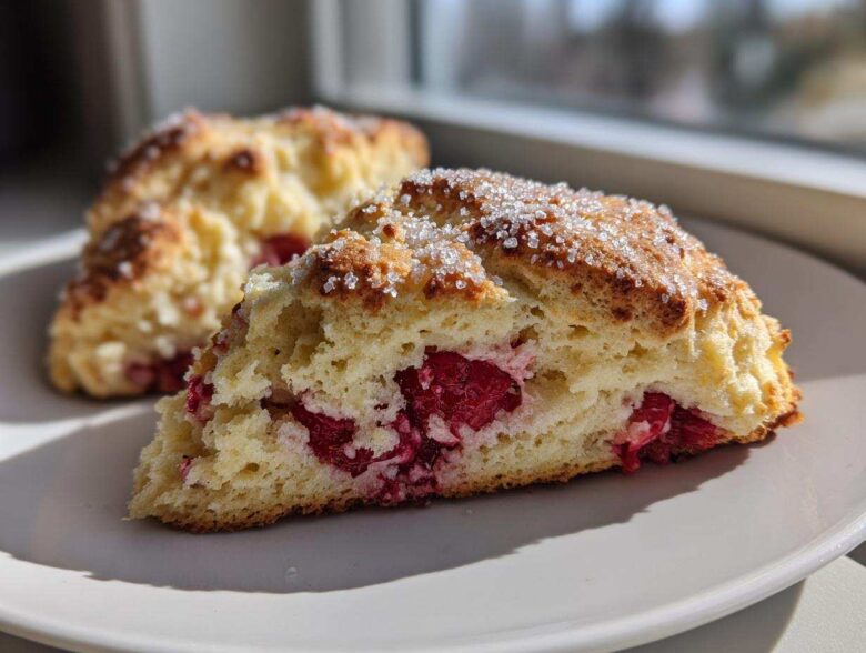 Close-up of a flaky White Chocolate Raspberry Scone, studded with bright red raspberries and coarse sugar.