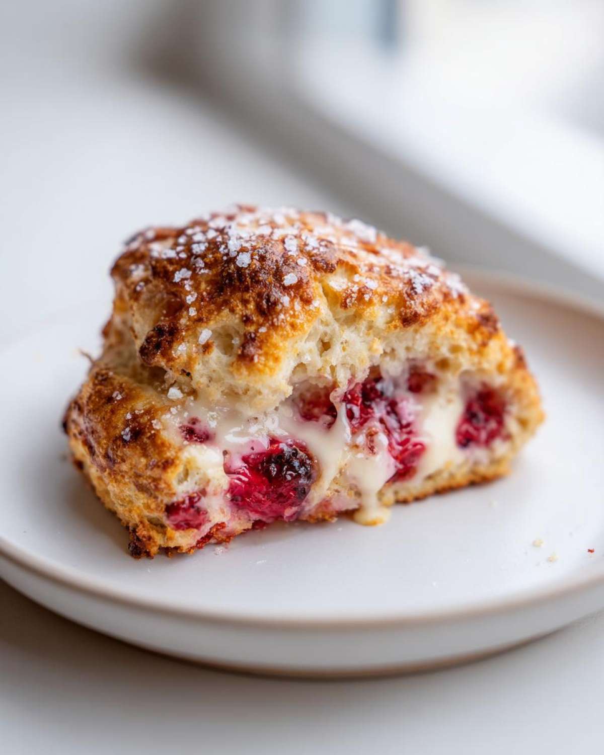 A cross-section of a flaky White Chocolate Raspberry Scones showing melted white chocolate and bright red raspberries.