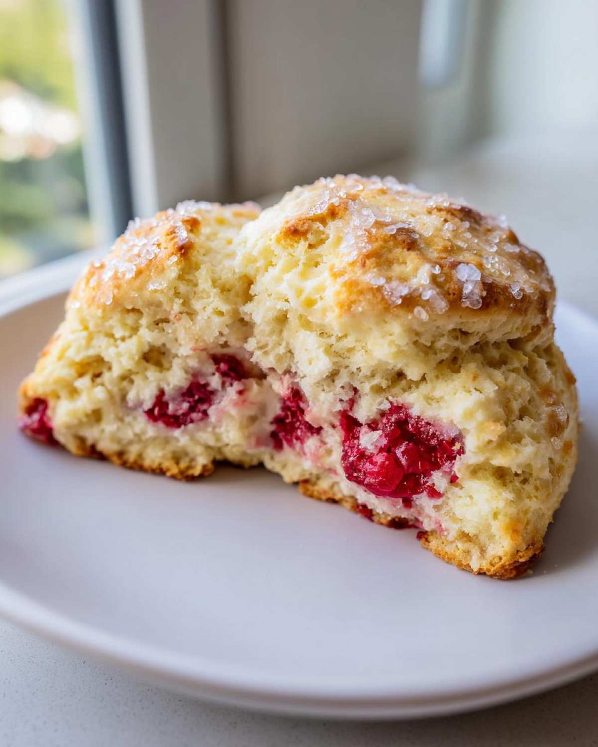 Close-up of a White Chocolate Raspberry Scones cut in half, showing moist interior and raspberries.