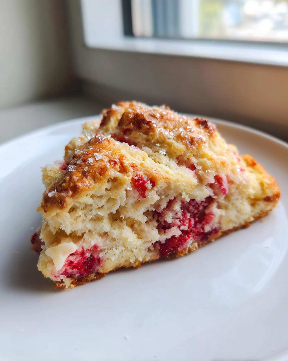 Close-up of a flaky White Chocolate Raspberry Scones slice showing raspberries and white chocolate chunks.