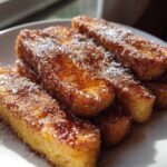 Close-up of golden Air Fryer French Toast Sticks coated heavily in sparkling cinnamon sugar on a white plate.