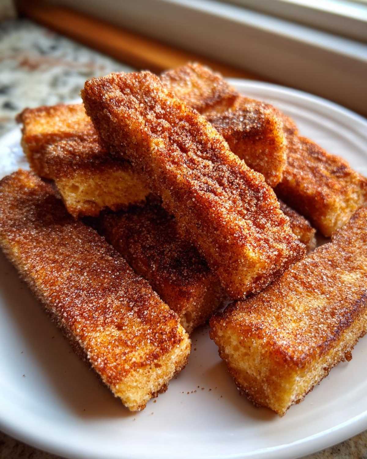A stack of golden brown Air Fryer French Toast Sticks generously coated in cinnamon sugar, served on a white plate.