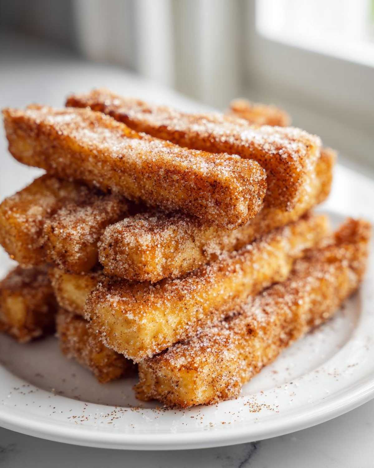 A tall stack of golden Air Fryer French Toast Sticks generously coated in cinnamon sugar on a white plate.