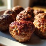 Close-up of several golden-brown Air Fryer Italian Meatballs resting on a white plate, highlighted by sunlight.