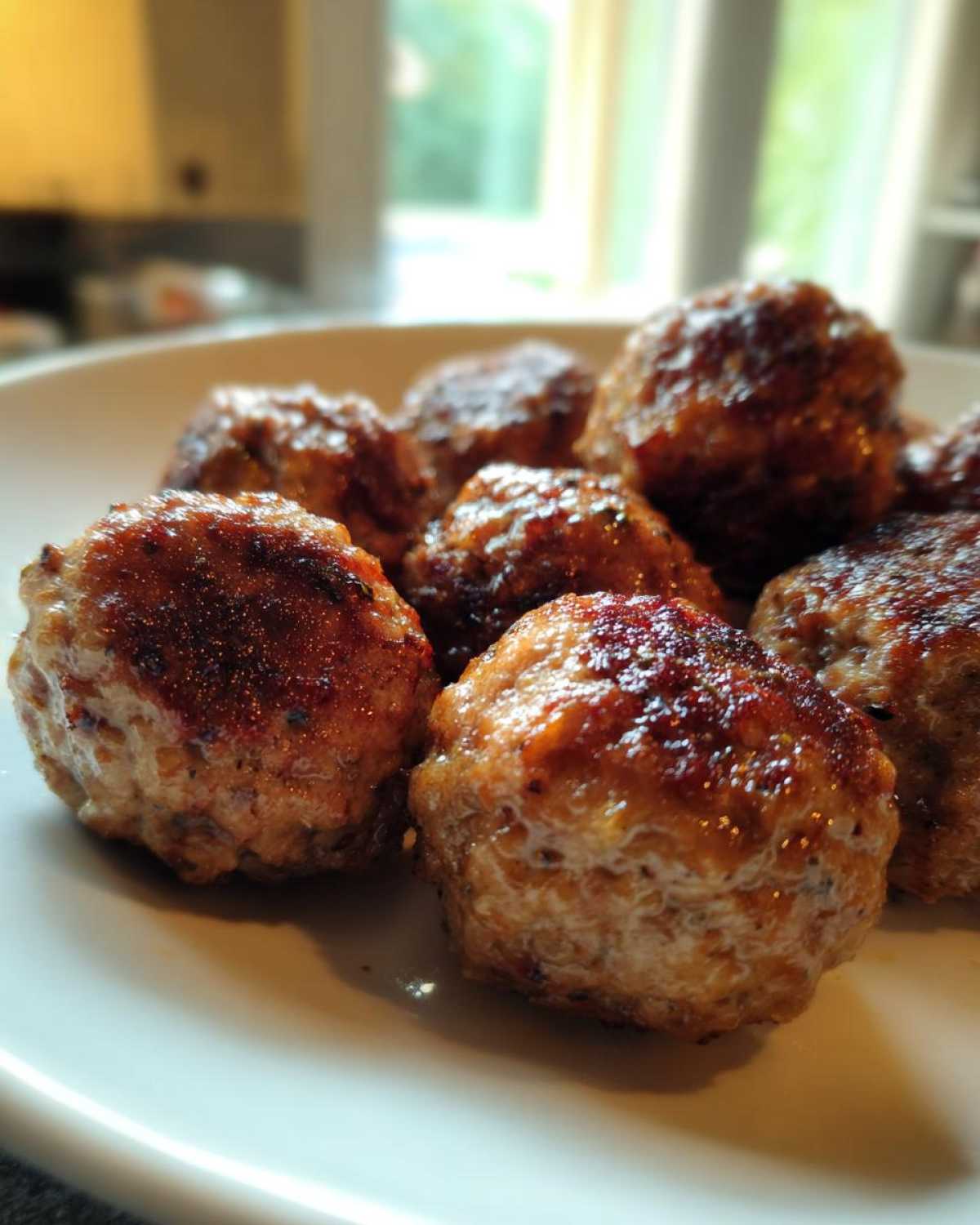 Close-up of several golden-brown Air Fryer Italian Meatballs resting on a white plate, showing a nice sear.