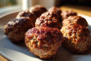 Close-up of several golden-brown Air Fryer Italian Meatballs resting on a white plate, highlighted by sunlight.