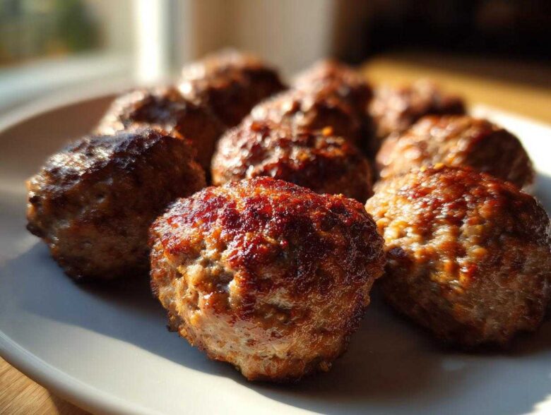 Close-up of several golden-brown Air Fryer Italian Meatballs resting on a white plate, highlighted by sunlight.