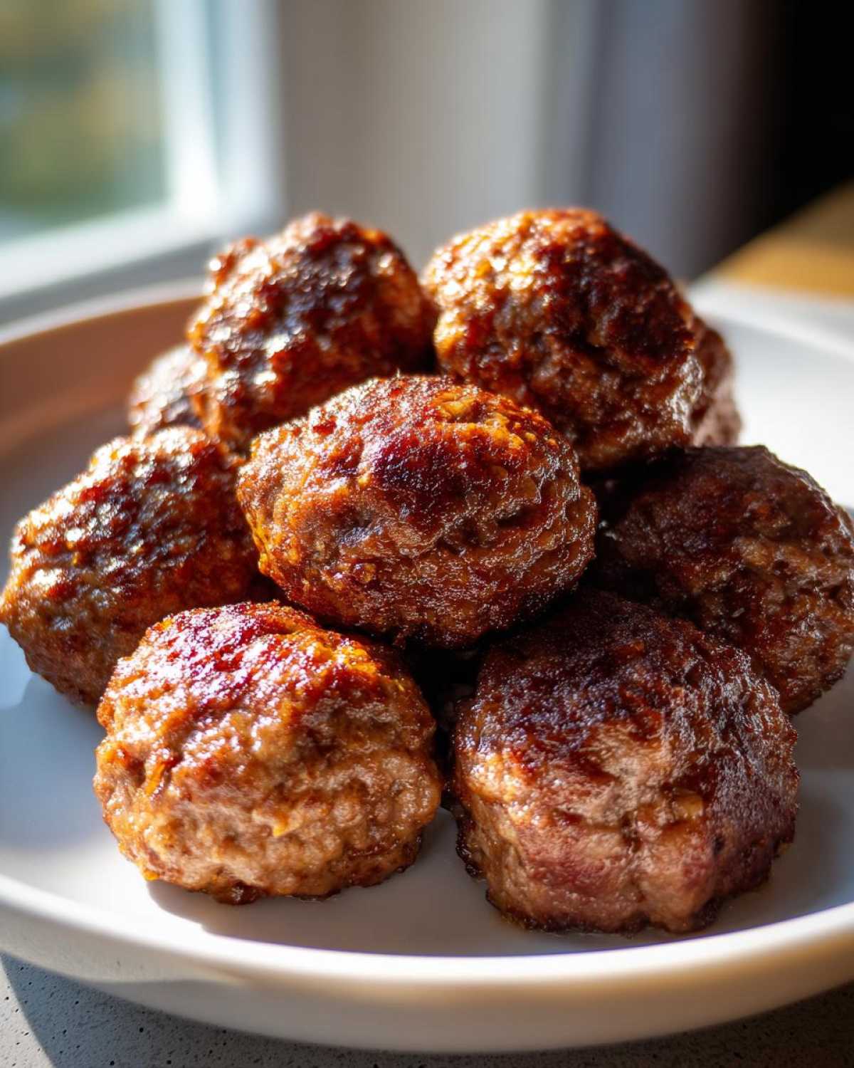 A close-up of several browned Air Fryer Italian Meatballs piled on a white plate, catching bright sunlight.