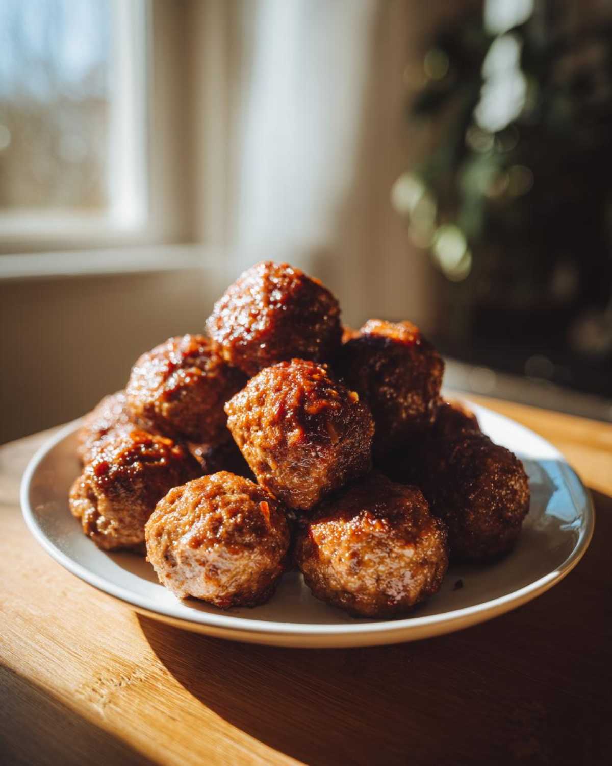 A close-up stack of perfectly cooked Air Fryer Italian Meatballs piled high on a white plate, catching warm sunlight.