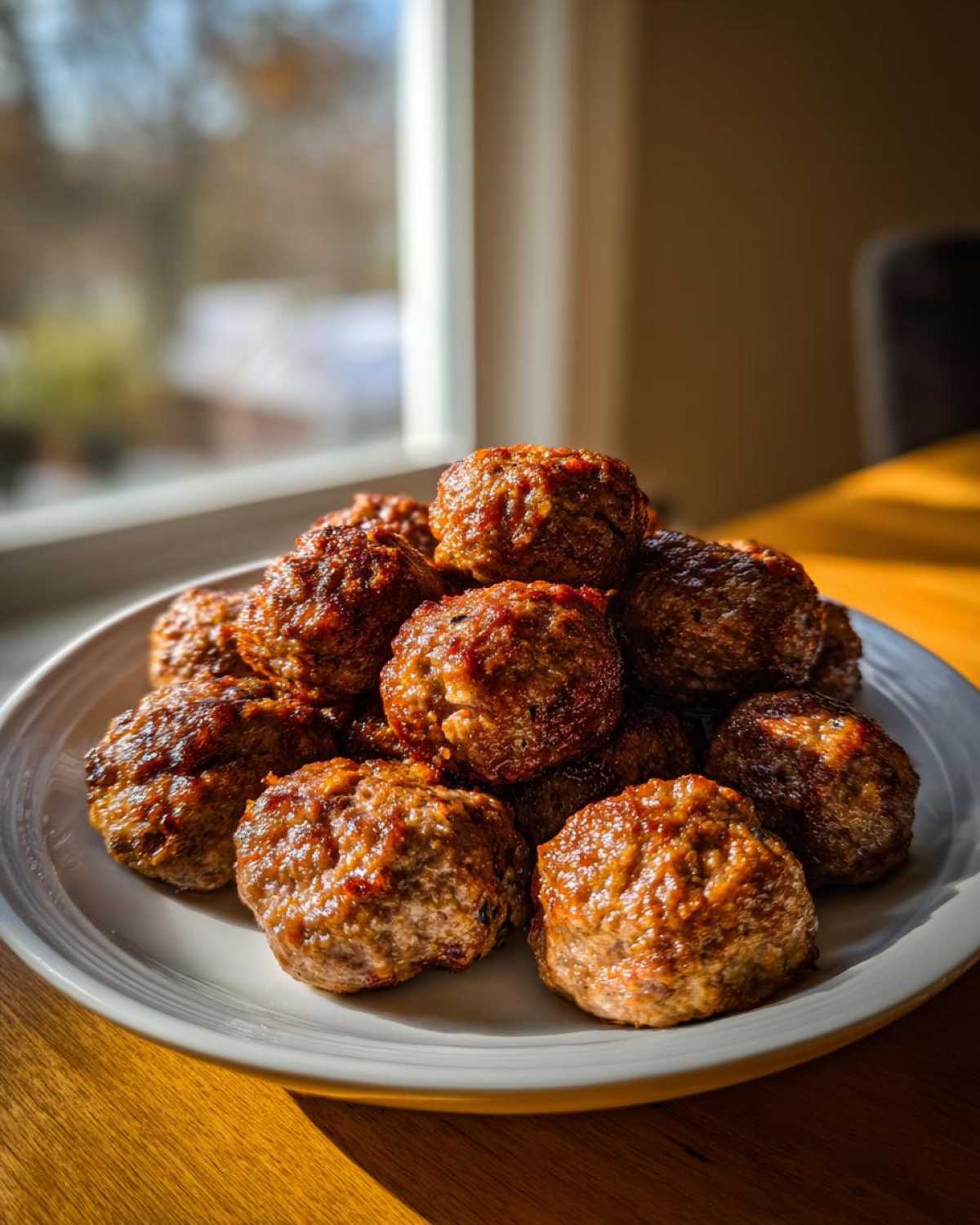 A mound of perfectly browned Air Fryer Italian Meatballs stacked high on a light-colored plate near a window.