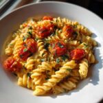 A close-up of creamy Baked Feta Pasta with roasted cherry tomatoes and fresh herbs in a white bowl.