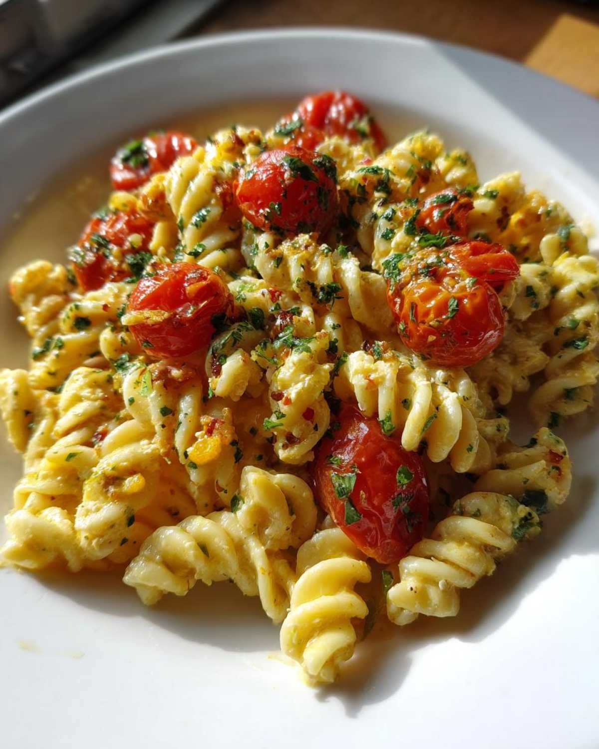 Close-up of creamy Baked Feta Pasta with roasted cherry tomatoes and fresh herbs on a white plate.
