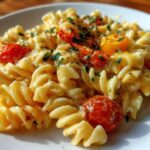 A close-up of creamy Baked Feta Pasta with fusilli, roasted cherry tomatoes, and fresh parsley.