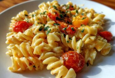 A close-up of creamy Baked Feta Pasta with fusilli, roasted cherry tomatoes, and fresh parsley.