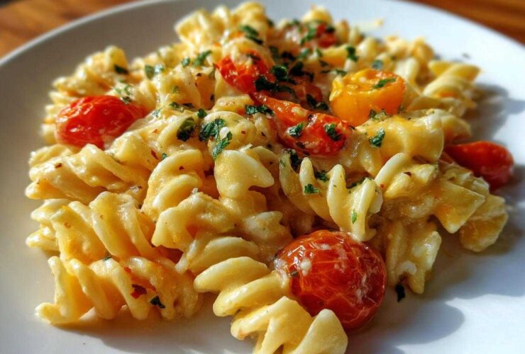 A close-up of creamy Baked Feta Pasta with fusilli, roasted cherry tomatoes, and fresh parsley.