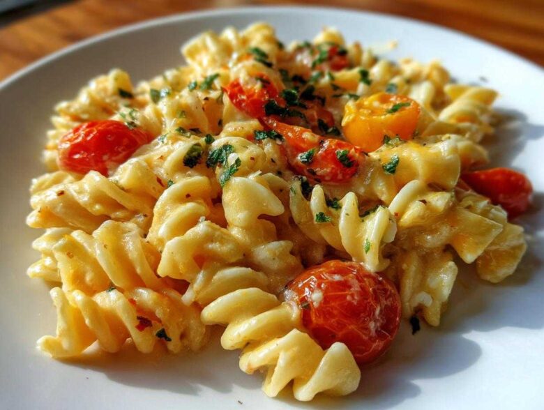 A close-up of creamy Baked Feta Pasta with fusilli, roasted cherry tomatoes, and fresh parsley.
