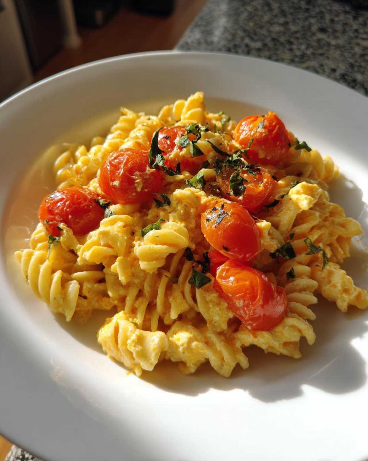A serving of creamy Baked Feta Pasta with cherry tomatoes and fresh herbs on a white plate.