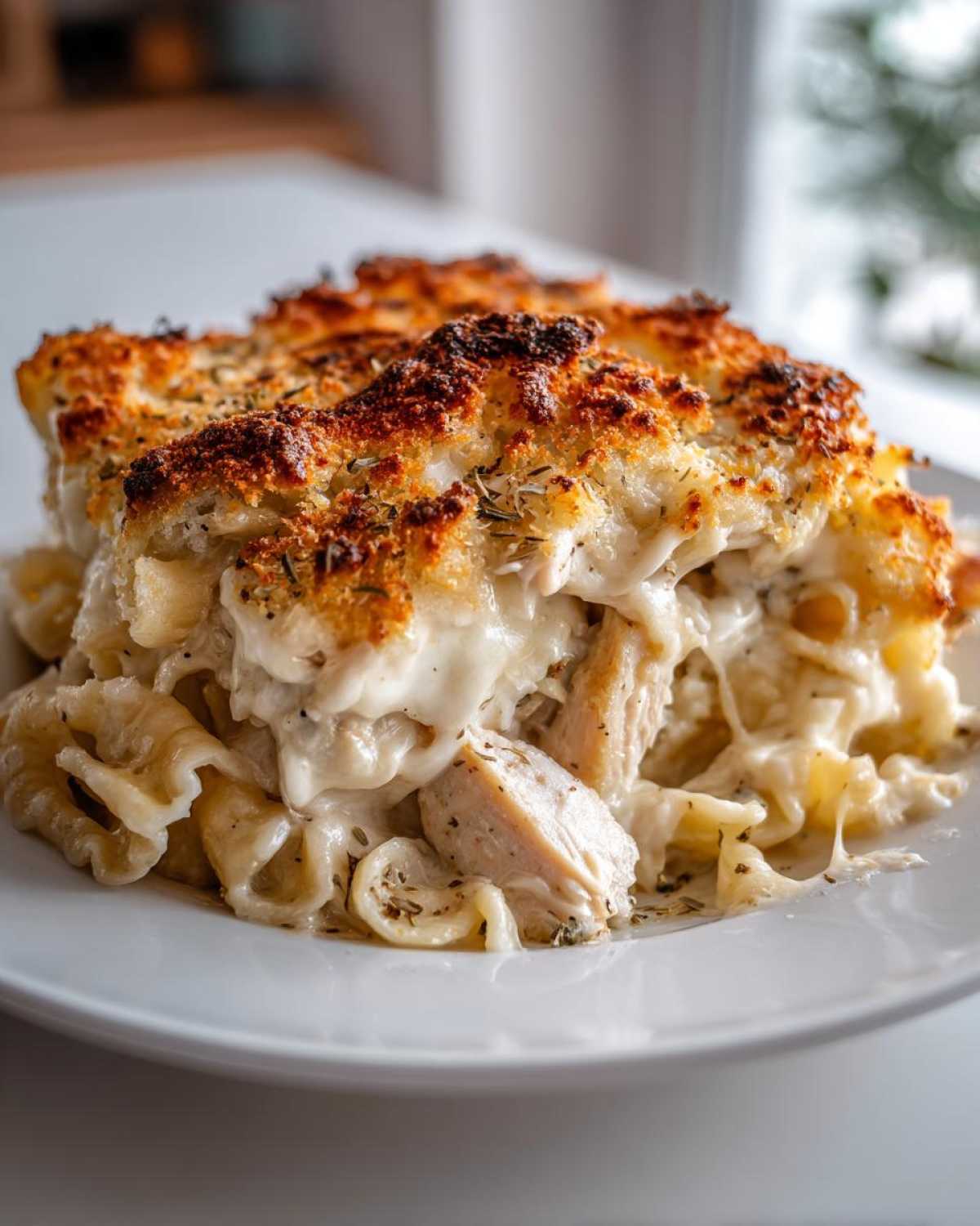 A serving of Cheesy Baked Chicken Alfredo with a thick, golden-brown crispy top on a white plate.