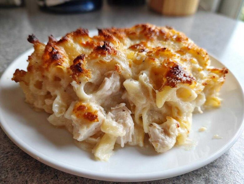 A generous serving of Cheesy Baked Chicken Alfredo with Crispy Top on a white plate, showing creamy sauce and browned cheese.