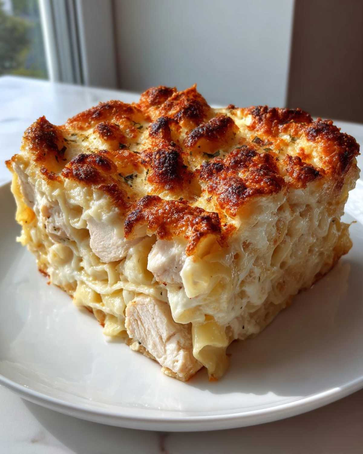 A square serving of Cheesy Baked Chicken Alfredo with Crispy Top showing creamy pasta, chicken pieces, and a golden-brown baked cheese crust.