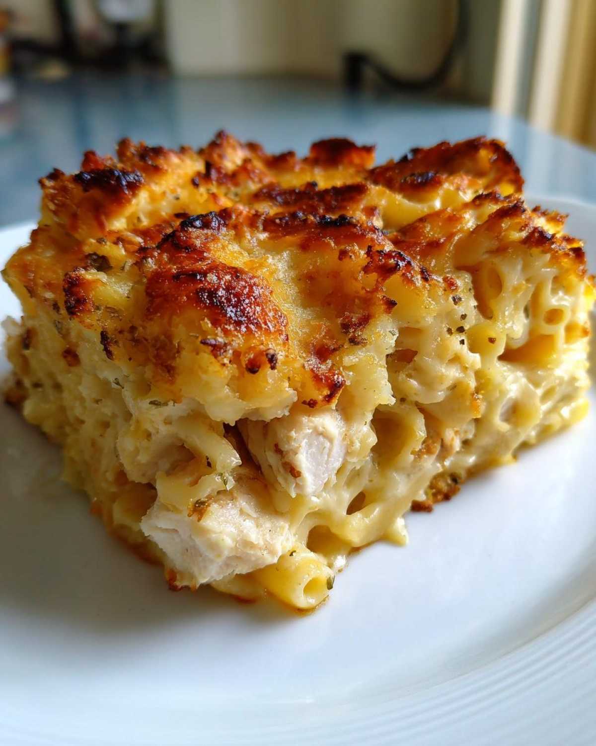 A close-up slice of Cheesy Baked Chicken Alfredo with Crispy Top showing creamy pasta, chicken pieces, and a golden-brown crust.