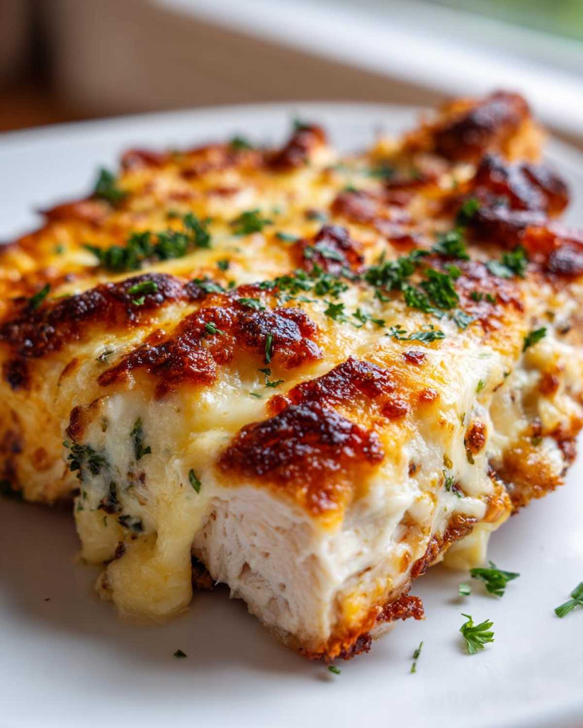A close-up of juicy Cheesy Baked Chicken with Cream Sauce, topped with melted, browned cheese and fresh parsley.