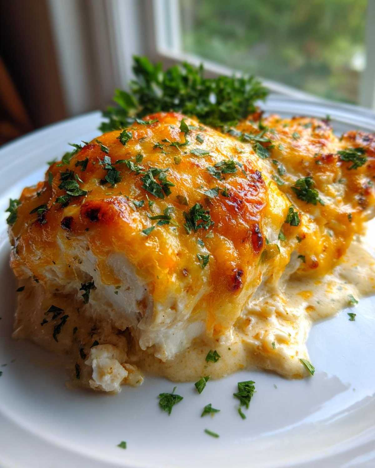 Close-up of Cheesy Baked Chicken with Cream Sauce topped with melted cheddar and fresh parsley.